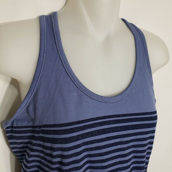Athleta Womens Tank Top Medium Blue Striped Ruching Grip Hem Racerback 457083 - Picture 3 of 8